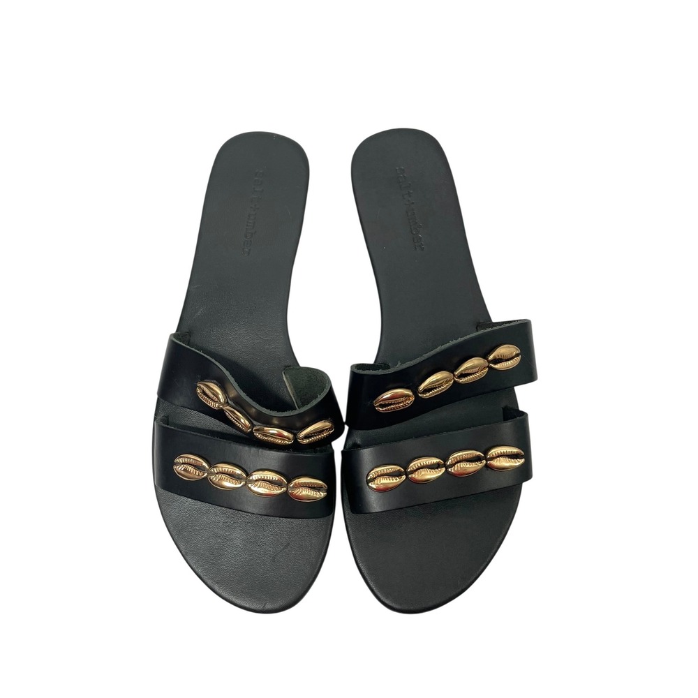 SALT + UMBER Cowrie gold Shell Leather slide Sandals‎ Size 8 black chic boho